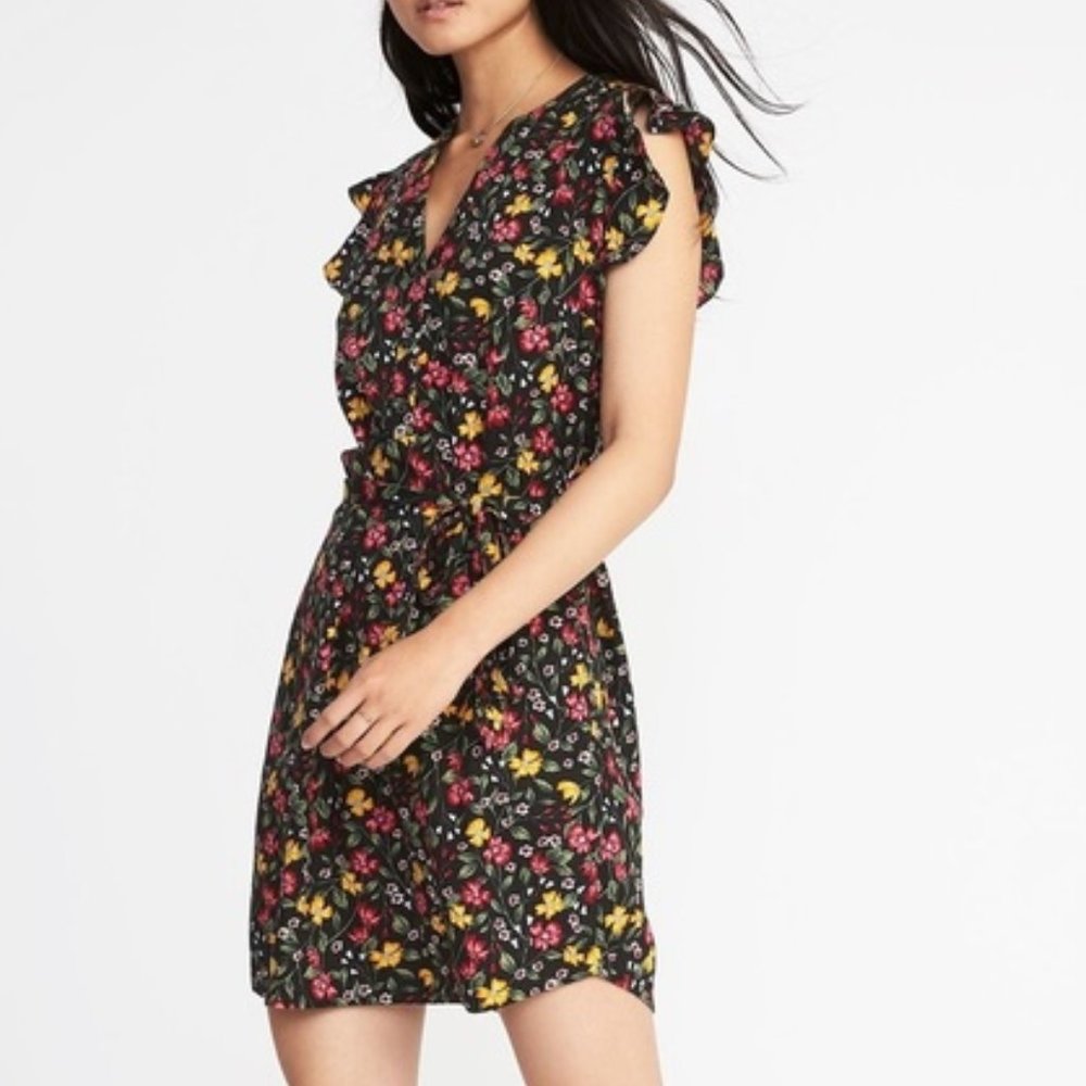 Old Navy Black Floral Belted Shirt Dress XS